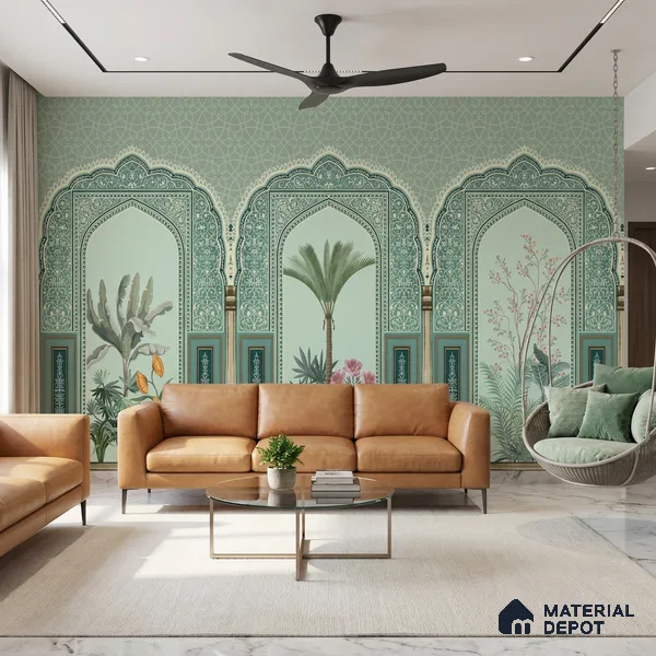 Traditional Mughal Garden Illustration Wallpaper with Ornamental Arches and Trees | WP 05260 Canvas | 250 GSM WP01CNF Paper | (MOQ = 30 Sq. Ft.)