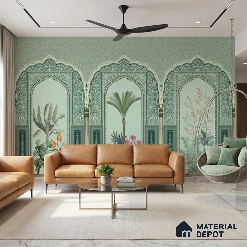 Traditional Mughal Garden Illustration Wallpaper with Ornamental Arches and Trees | WP 05260 Canvas | 250 GSM WP01CNF Paper | (MOQ = 30 Sq. Ft.)