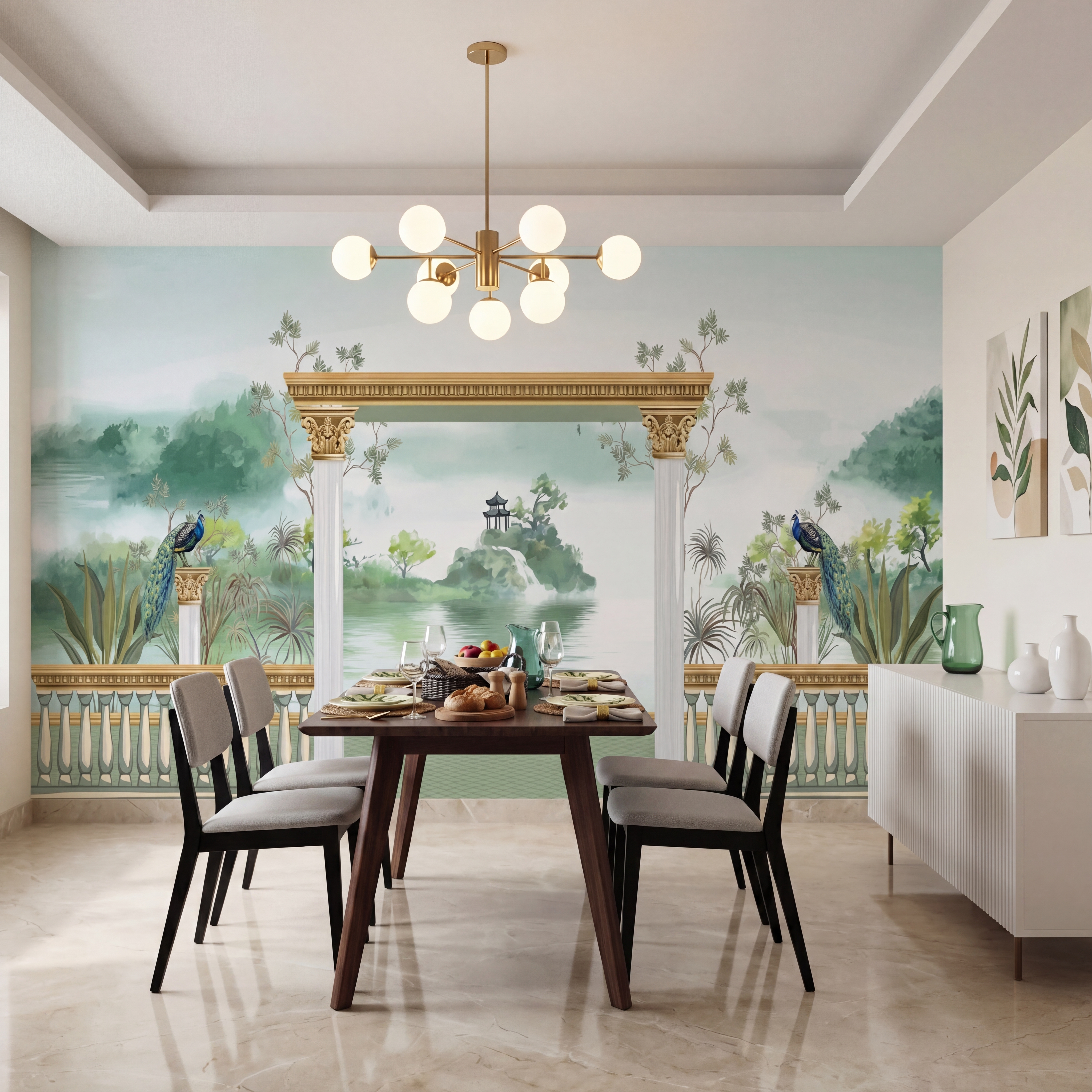 Watercolor Garden Arch Wallpaper with Peacock Mountain Lake and Serene Landscape | WP 05261 B Non Woven | 150 GSM WP01MTF Paper | (MOQ = 30 Sq. Ft.)