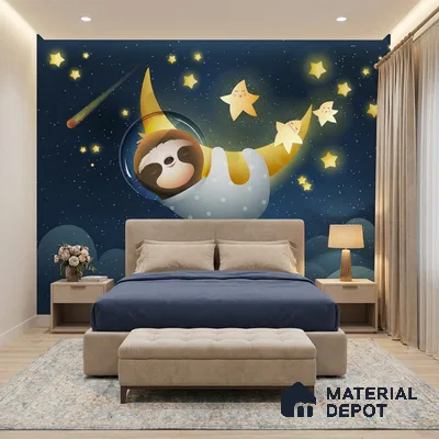 Cute Sloth Sleeping Peacefully on a Golden Moon Wallpaper Under Stars | WP 05248 B Non Woven | 150 GSM WP01MTF Paper | (MOQ = 30 Sq. Ft.)
