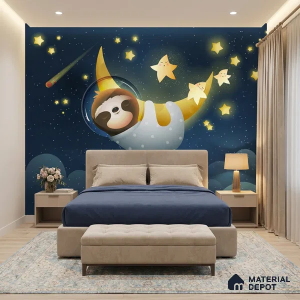 Cute Sloth Sleeping Peacefully on a Golden Moon Wallpaper Under Stars | WP 05248 B Non Woven | 150 GSM WP01MTF Paper | (MOQ = 30 Sq. Ft.)
