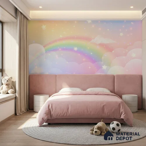 Rainbow Fantasy Wallpaper Background with a Soft Holographic Cartoon Glow | WP 05242 B Non Woven | 150 GSM WP01MTF Paper | (MOQ = 30 Sq. Ft.)