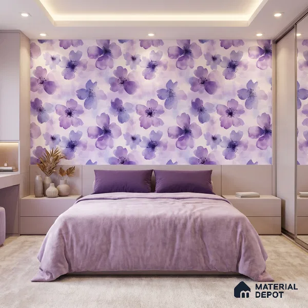 Purple Watercolor Blossoms Wallpaper Flowing Gracefully Across a Soft Pastel Background | WP 05276 B Non Woven | 150 GSM WP01MTF Paper | (MOQ = 30 Sq. Ft.)