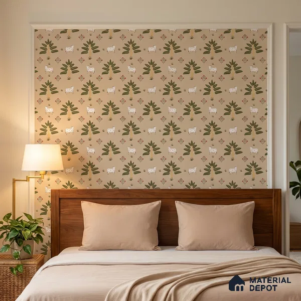 Ethnic Pichwai Cow Wallpaper Amidst Lush Banana Trees and Sacred Harmony | WP 05252 Canvas | 250 GSM WP01CNF Paper | (MOQ = 30 Sq. Ft.)