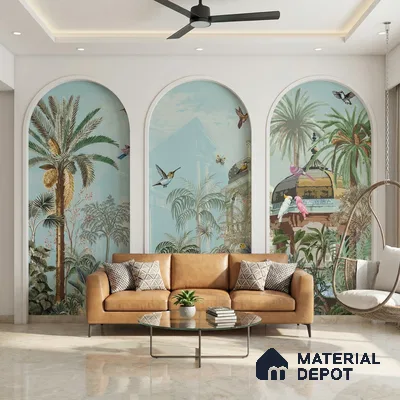 Mughal Forest Garden Illustration Wallpaper with Regal Plant Arches and Birds | WP 05284 B Non Woven | 150 GSM WP01MTF Paper | (MOQ = 30 Sq. Ft.)