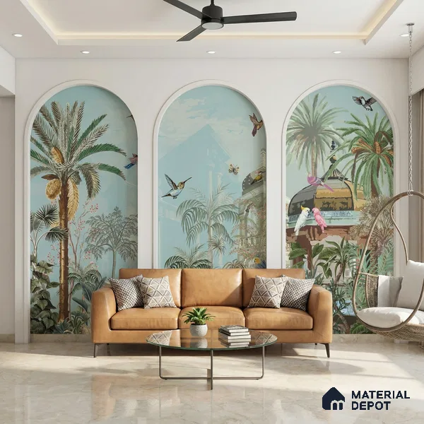Mughal Forest Garden Illustration Wallpaper with Regal Plant Arches and Birds | WP 05284 B Non Woven | 150 GSM WP01MTF Paper | (MOQ = 30 Sq. Ft.)
