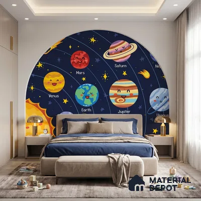 Cute Cartoon Planets and Sun Wallpaper Learning Space Print for Kids | WP 05244 B Non Woven | 150 GSM WP01MTF Paper | (MOQ = 30 Sq. Ft.)