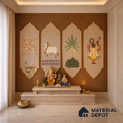 Sacred Pichwai Cow Wallpaper with Divine Balaji Motifs and Traditional Detailing | WP 05250 B Non Woven | 150 GSM WP01MTF Paper | (MOQ = 30 Sq. Ft.)