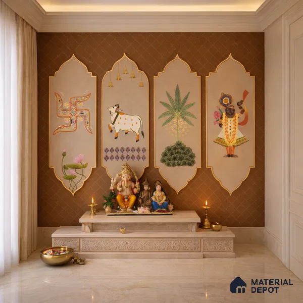 Sacred Pichwai Cow Wallpaper with Divine Balaji Motifs and Traditional Detailing | WP 05250 B Non Woven | 150 GSM WP01MTF Paper | (MOQ = 30 Sq. Ft.)