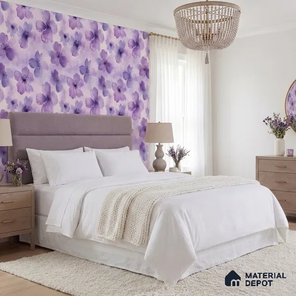 Purple Watercolor Blossoms Wallpaper Flowing Gracefully Across a Soft Pastel Background | WP 05276 B Non Woven | 150 GSM WP01MTF Paper | (MOQ = 30 Sq. Ft.)