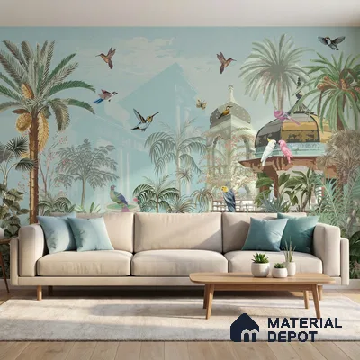 Mughal Forest Garden Illustration Wallpaper with Regal Plant Arches and Birds | WP 05284 B Non Woven | 150 GSM WP01MTF Paper | (MOQ = 30 Sq. Ft.)