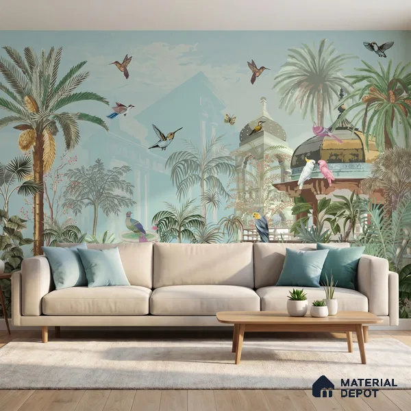 Mughal Forest Garden Illustration Wallpaper with Regal Plant Arches and Birds | WP 05284 B Non Woven | 150 GSM WP01MTF Paper | (MOQ = 30 Sq. Ft.)