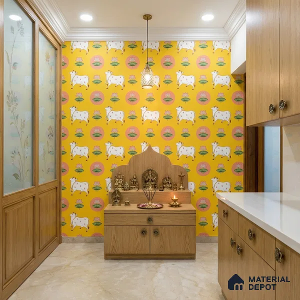 Golden Radiance Pichwai Cow and Lotus Motif Wallpaper on Vibrant Yellow Canvas | WP 05254 Canvas | 250 GSM WP01CNF Paper | (MOQ = 30 Sq. Ft.)