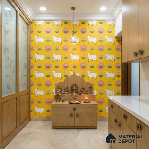 Golden Radiance Pichwai Cow and Lotus Motif Wallpaper on Vibrant Yellow Canvas | WP 05254 Canvas | 250 GSM WP01CNF Paper | (MOQ = 30 Sq. Ft.)