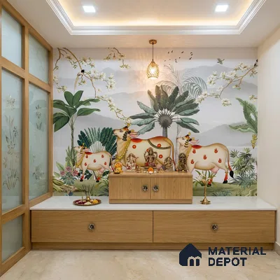 Lotus Reverence Pichwai Art Wallpaper Inspired by Classical Indian Devotion | WP 05251 Canvas | 250 GSM WP01CNF Paper | (MOQ = 30 Sq. Ft.)