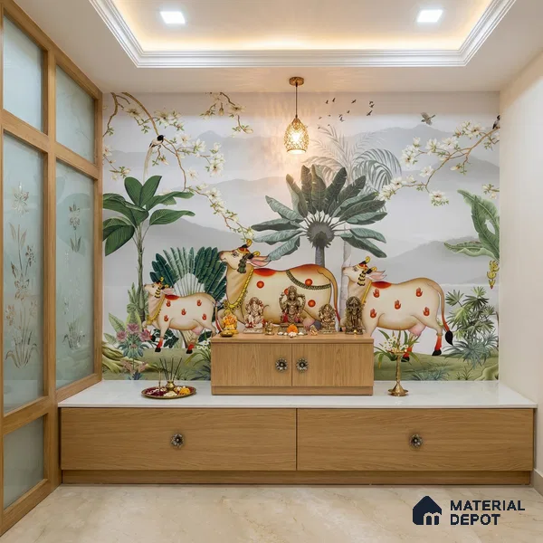 Lotus Reverence Pichwai Art Wallpaper Inspired by Classical Indian Devotion | WP 05251 Canvas | 250 GSM WP01CNF Paper | (MOQ = 30 Sq. Ft.)