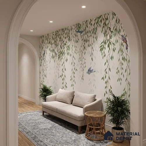 Graceful Willow Branches Wallpaper with Birds Flying Across a Pure White Background | WP 05280 B Non Woven | 150 GSM WP01MTF Paper | (MOQ = 30 Sq. Ft.)