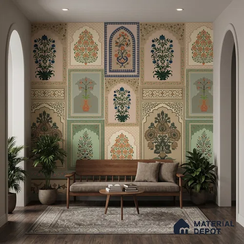 Blossoms and vines weave heritage into wallpapered walls of regal serenity | WP 05236 B Non Woven | 150 GSM WP01MTF Paper | (MOQ = 30 Sq. Ft.)