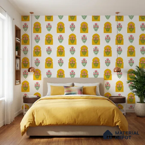 Seamless Mughal Jharoka Bloom Pattern Wallpaper with Intricate Floral Motifs | WP 05256 B Non Woven | 150 GSM WP01MTF Paper | (MOQ = 30 Sq. Ft.)