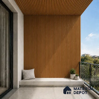 Oak Wood Ocre 10 ft x 0.45 ft (3060x140 mm) Pyramid Design Interior & Exterior Wall & Ceiling Panel - 14 mm | Suitable for Balcony, Facade & Open Area | Width is Subjected to 5% Variation