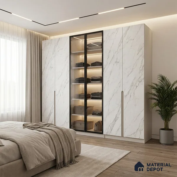 White Marble Look LM 05346 8 ft x 4 ft Texture Finish Decorative Laminate - 1 mm | Suitable for TV Unit, Wardrobe, Kitchen Cabinets