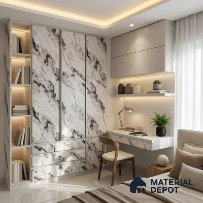 White Marble Look LM 18819 8 ft x 4 ft Texture Finish Decorative Laminate - 1 mm | Suitable for TV Unit, Wardrobe, Kitchen Cabinets