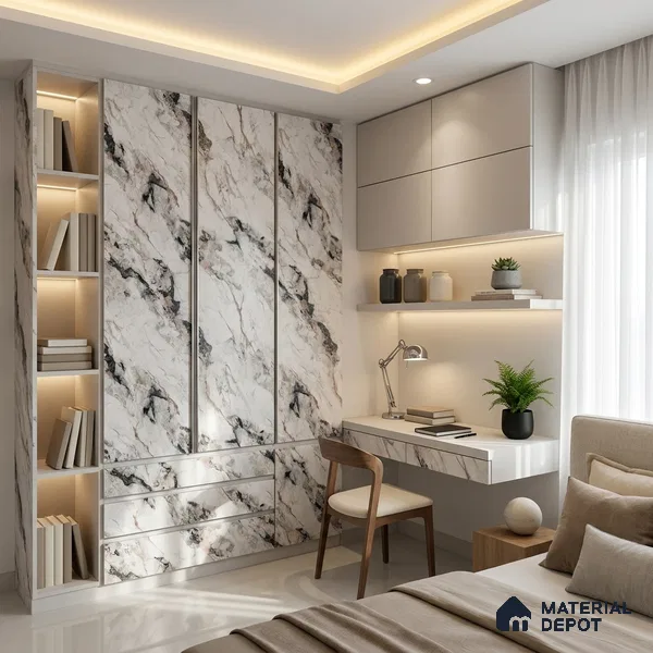 White Marble Look LM 18819 8 ft x 4 ft Texture Finish Decorative Laminate - 1 mm | Suitable for TV Unit, Wardrobe, Kitchen Cabinets