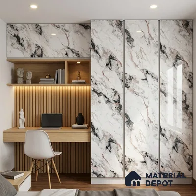 Marble Look LM 19279 Venetian Carrara 8 ft x 4 ft Glossy Finish Decorative Laminate - 1 mm | Suitable for TV Unit, Wardrobe, Kitchen Cabinets
