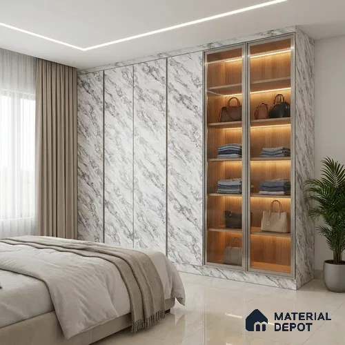 White Marble Look LM 21001 8 ft x 4 ft Matte Finish Decorative Laminate - 1 mm | Suitable for TV Unit, Wardrobe, Kitchen Cabinets