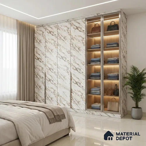 White Marble Look LM 21006 8 ft x 4 ft Matte Finish Decorative Laminate - 1 mm | Suitable for TV Unit, Wardrobe, Kitchen Cabinets