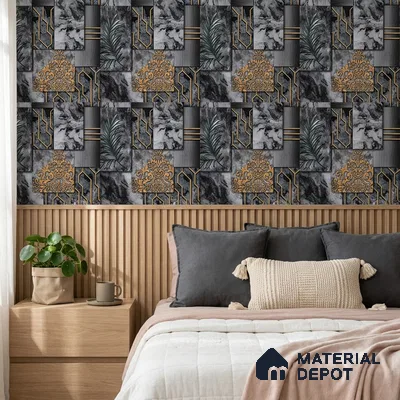 AA101004 | Charcoal & Gold Marble Deco Panel PVC Patterned Wallpaper - 9.5 Meter x 21 Inch, 55 Sq. Ft. (Min. 15% Wastage)