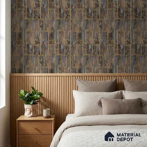 AA100803 | Chocolate Gold Rectangle Panel PVC Patterned Wallpaper - 9.5 Meter x 21 Inch, 55 Sq. Ft. (Min. 15% Wastage)