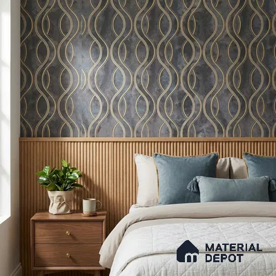 AA100903 | Charcoal & Gold Wavy Ribbon Marble PVC Patterned Wallpaper - 9.5 Meter x 21 Inch, 55 Sq. Ft. (Min. 15% Wastage)