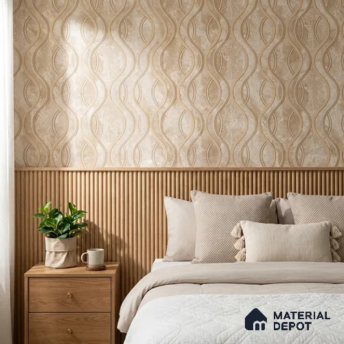 AA100905 | Beige & Gold Wavy Ribbon Marble PVC Patterned Wallpaper - 9.5 Meter x 21 Inch, 55 Sq. Ft. (Min. 15% Wastage)