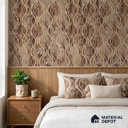 AA100906 | Brown & Gold Wavy Ribbon Marble PVC Patterned Wallpaper - 9.5 Meter x 21 Inch, 55 Sq. Ft. (Min. 15% Wastage)