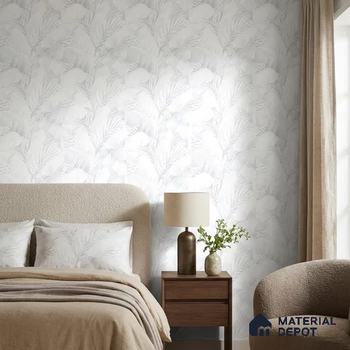 AA100209 | White Palm Leaf PVC Floral Wallpaper - 9.5 Meter x 21 Inch, 55 Sq. Ft. (Min. 15% Wastage)