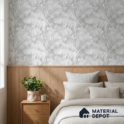 AA100208 | Grey Palm Leaf PVC Floral Wallpaper - 9.5 Meter x 21 Inch, 55 Sq. Ft. (Min. 15% Wastage)