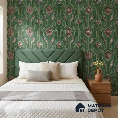 AA101106 | Emerald & Gold Marble Diamond Panel PVC Patterned Wallpaper - 9.5 Meter x 21 Inch, 55 Sq. Ft. (Min. 15% Wastage)