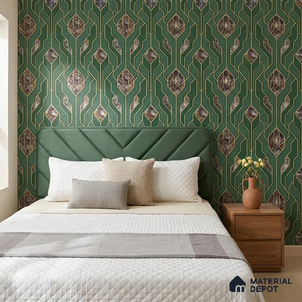 AA101106 | Emerald & Gold Marble Diamond Panel PVC Patterned Wallpaper - 9.5 Meter x 21 Inch, 55 Sq. Ft. (Min. 15% Wastage)