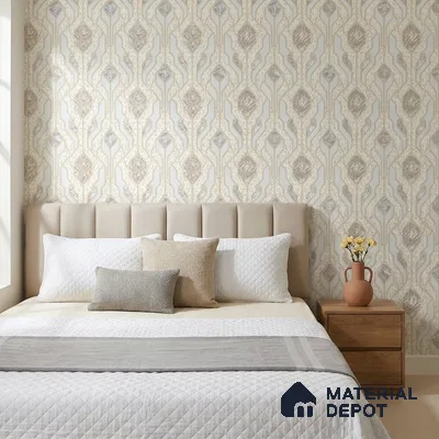 AA101102 | Cream & Gold Marble Diamond Panel PVC Patterned Wallpaper - 9.5 Meter x 21 Inch, 55 Sq. Ft. (Min. 15% Wastage)