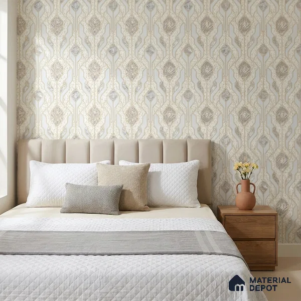 AA101102 | Cream & Gold Marble Diamond Panel PVC Patterned Wallpaper - 9.5 Meter x 21 Inch, 55 Sq. Ft. (Min. 15% Wastage)