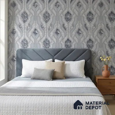 AA101103 | Silver Grey Marble Diamond Panel PVC Patterned Wallpaper - 9.5 Meter x 21 Inch, 55 Sq. Ft. (Min. 15% Wastage)