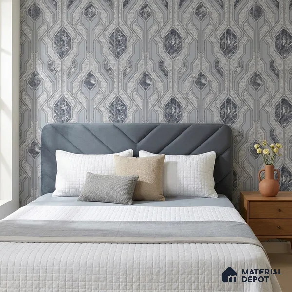 AA101103 | Silver Grey Marble Diamond Panel PVC Patterned Wallpaper - 9.5 Meter x 21 Inch, 55 Sq. Ft. (Min. 15% Wastage)