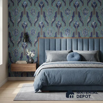 AA101105 | Teal & Navy Marble Diamond Panel PVC Patterned Wallpaper - 9.5 Meter x 21 Inch, 55 Sq. Ft. (Min. 15% Wastage)