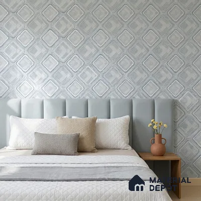 AA100603 | Silver Grey Marble Square Lattice PVC Patterned Wallpaper - 9.5 Meter x 21 Inch, 55 Sq. Ft. (Min. 15% Wastage)