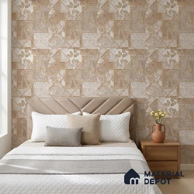 AA100405 | Beige & Gold Fragmented Marble Leaf Panel PVC Patterned Wallpaper - 9.5 Meter x 21 Inch, 55 Sq. Ft. (Min. 15% Wastage)