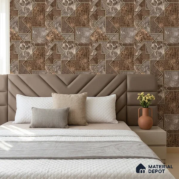 AA100406 | Chestnut Brown Fragmented Marble Leaf Panel PVC Patterned Wallpaper - 9.5 Meter x 21 Inch, 55 Sq. Ft. (Min. 15% Wastage)