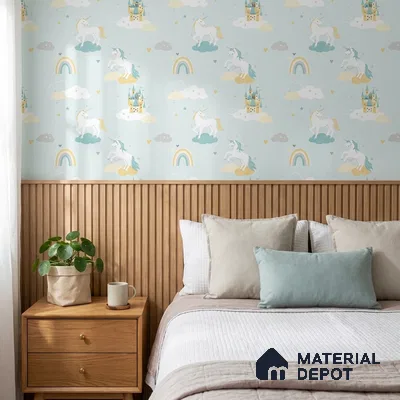 5148-1 | Mint Green Castle & Unicorn PVC Patterned Wallpaper - 5 Meter x 42 Inch, 57 Sq. Ft. (Min. 15% Wastage)