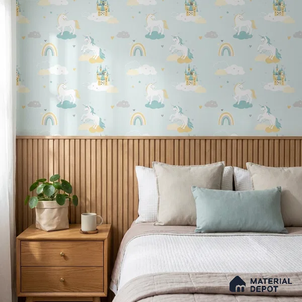 5148-1 | Mint Green Castle & Unicorn PVC Patterned Wallpaper - 5 Meter x 42 Inch, 57 Sq. Ft. (Min. 15% Wastage)