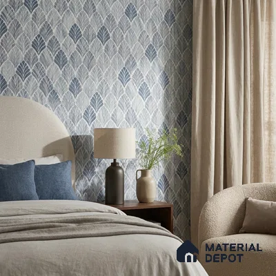 88501-2 | Slate Blue Fan Scallop Leaf PVC Patterned Wallpaper - 5 Meter x 42 Inch, 57 Sq. Ft. (Min. 15% Wastage)